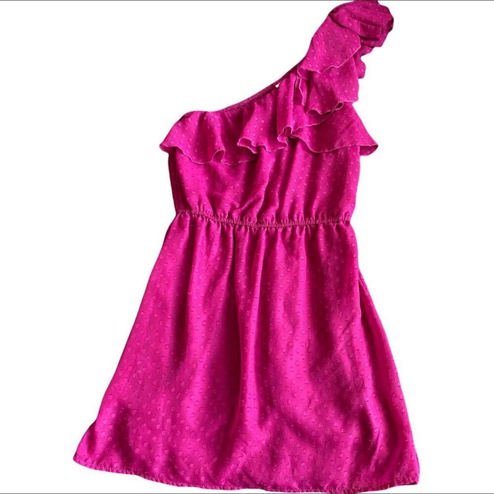 Fuchsia polka dot dress medium women one shoulder mini